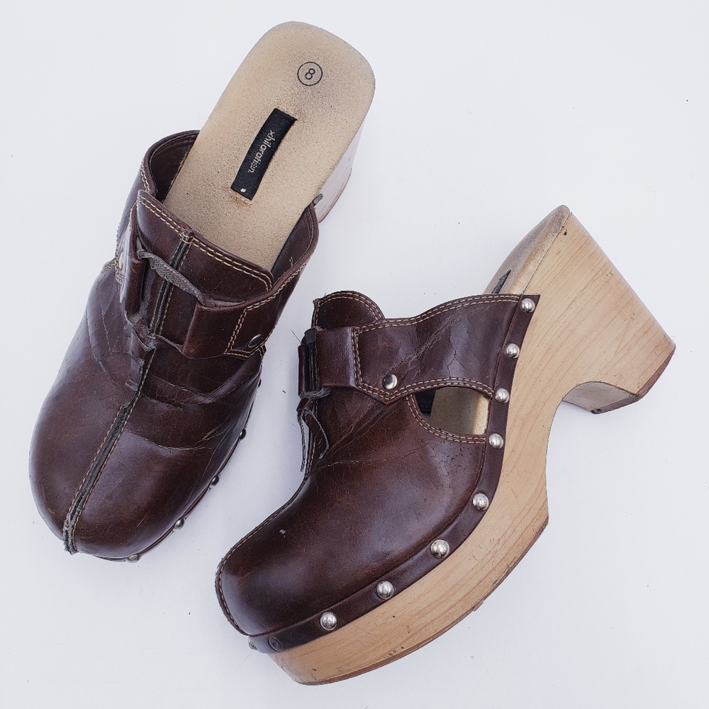 Vintage 90s Y2K Xhilaration Brown Faux Leather Wooden Mule Clog Women's Size 8